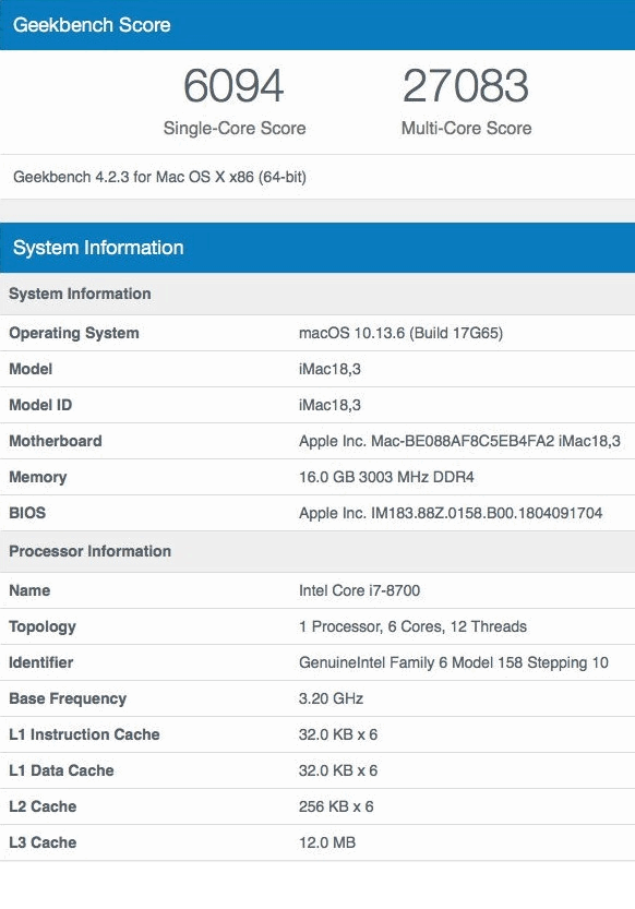 GeekBench CPU Scores and System Info