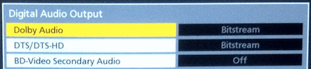 Digital Audio Output Menu settings