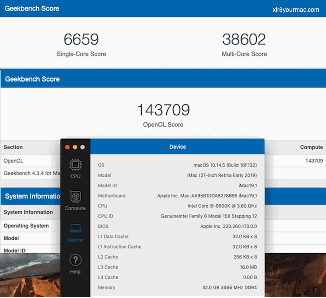 GeekBench 4.3.4 Results with SMBIOS iMac 19,1
