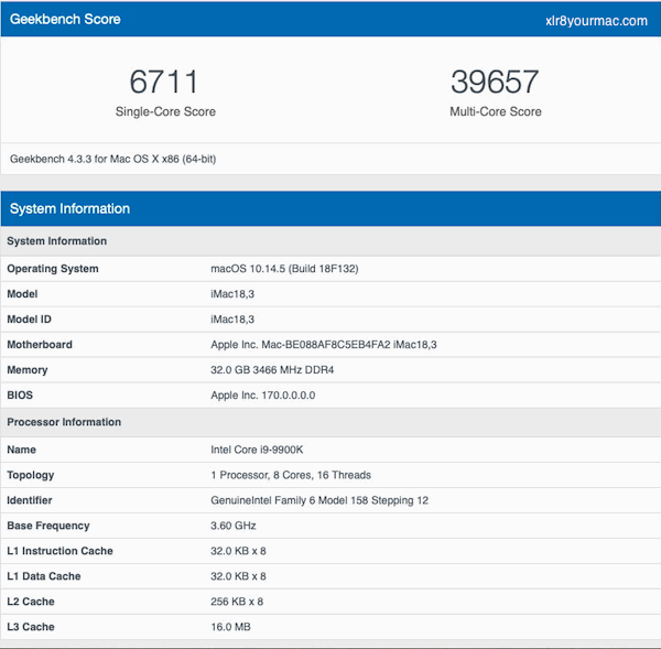 GeekBench 4.3.3 Results with SMBIOS iMac 18,3