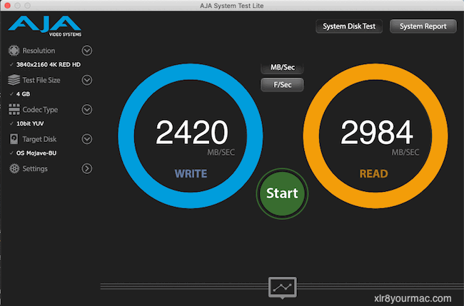 AJA Disk Speed Test Results