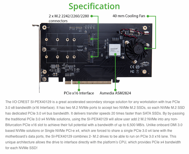 Benchmarks of I/O Crest SYBA SI-PEX40129 Dual M.2 SSD PCIe card in Mac Pro running Mojave